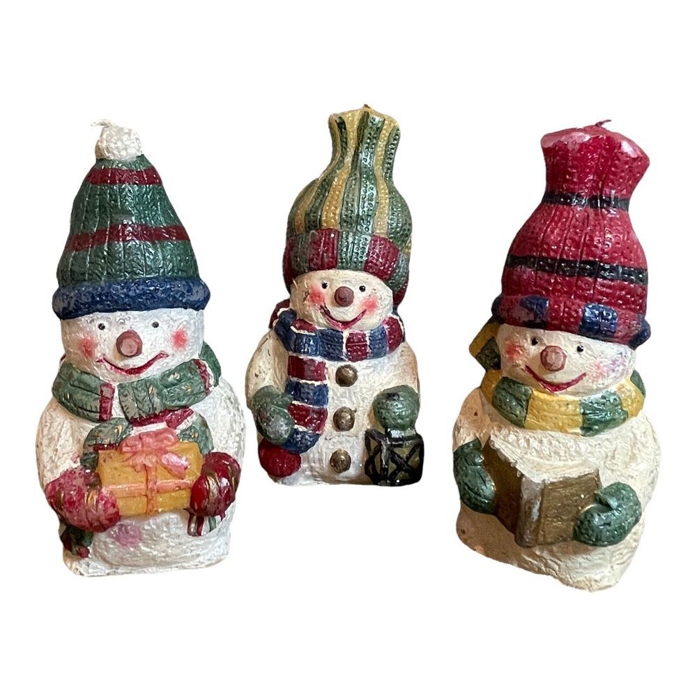 Snowman Candles 6 Inch Set Of 3 Colorful Wax Hats Scarf Christmas Holiday